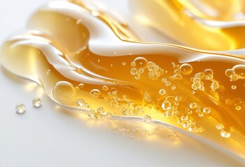 Macrotexture of serum. A glossy, golden-tinted translucent gel spread with smooth curves. Pure white, accentuating the gel's color.