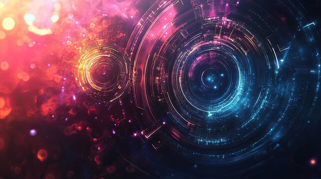 A colorful space background with a blue circle in the middle. The circle is surrounded by other circles and stars. The background is filled with bright colors and a sense of movement