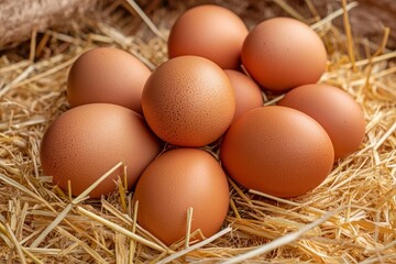 Pile of raw brown chicken eggs in straw with generaive ai