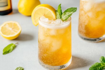 Fototapeta premium crisp ginger beer shandy, featuring a mix of pale ale and spicy ginger beer, poured over ice in a tall glass