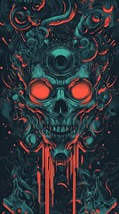 A skull with red eyes and a green background. The skull is surrounded by a dark blue background with red splatters. Scene is dark and ominous