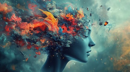 A woman's face is shown with a lot of colors and shapes, giving the impression of a chaotic and abstract mind
