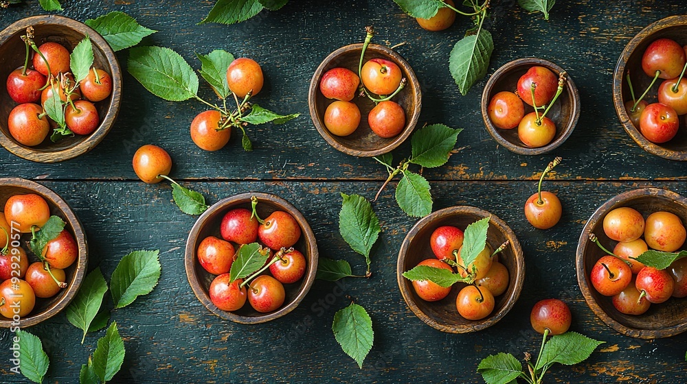 Wall mural   A wooden table is topped with bowls brimming with ripe red and yellow tomatoes, surrounded by lush green foliage