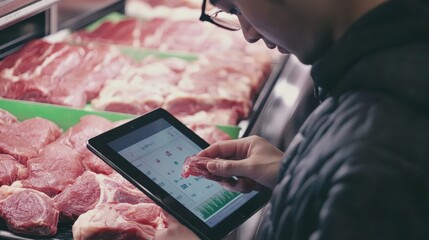 An Asian vendor assesses premium meat cuts while using a tablet for inventory control in a bustling market