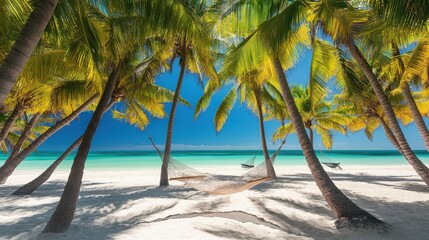 A serene beach scene with palm trees and hammocks, inviting relaxation and leisure.