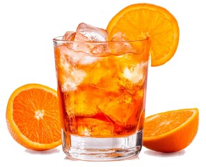 Fototapeta premium orange juice with ice, Fresh drink orange, coctail isolated white background