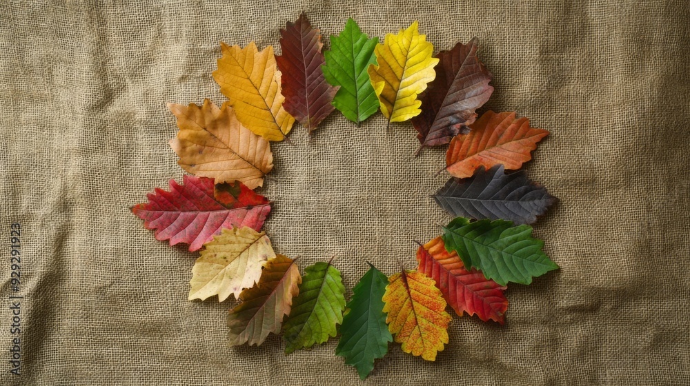 Poster a circular arrangement of vibrant autumn leaves in various colors rests on a textured burlap backgro