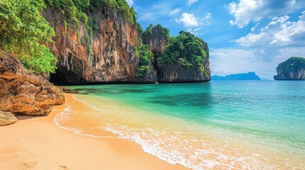 Fototapeta premium A serene beach scene with turquoise waters and lush cliffs under a bright blue sky.