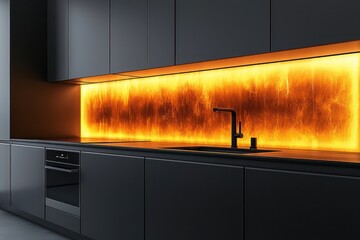 Kitchen with minimalist backsplash and integrated lighting 