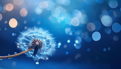 Fototapeta premium Dandelion seeds head with dew drops, blue bokeh background, nature wallpaper with copy space.