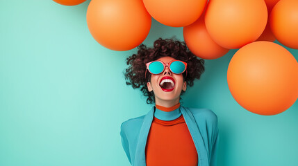excited woman with orange balloons