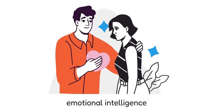 Soft skills for business. Moving banner with male office worker providing psychological support to colleague with burnout. Emotional Intelligence as Personal Ability. Animated graphics in line style