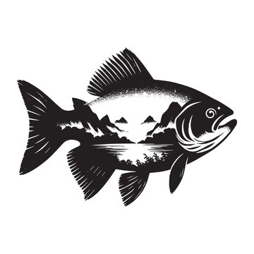 recommend clip art: silhouette of piranha filled with mountain and nature view in rough drawing
