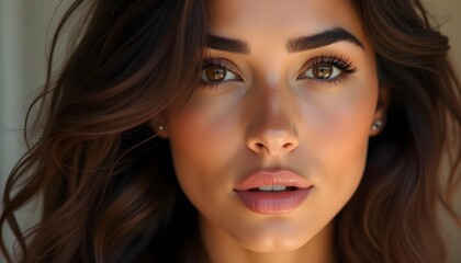 Fototapeta premium A young Latina woman with long dark hair, olive skin, and green eyes. She has a serious, pensive expression on her face