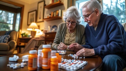 An elderly couple sorts through their medications at home, focusing on organizing pills into containers