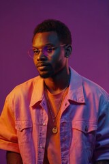 Obraz premium Stylish Man in Orange Jacket and Sunglasses with Vibrant Gradient Lighting Background