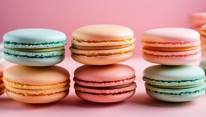 Obraz premium Pastel colored macarons on a pink table.