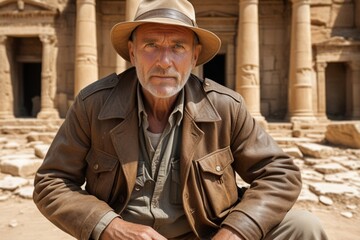 A seasoned archaeologist in a tan safari hat, leather jacket, and khaki gear, stands by ancient ruins and a treasure-filled tomb, exuding deep historical knowledge