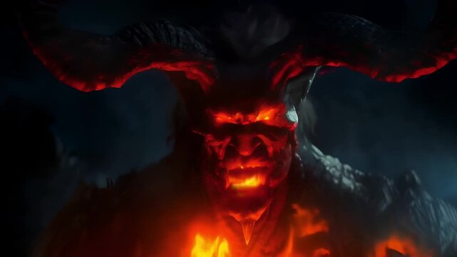 A close-up of a menacing demon, its eyes glowing red and its horns casting shadows. The atmosphere is dark and ominous, creating a sense of impending danger