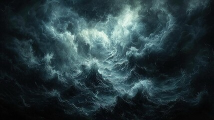   A monochromatic depiction of a vast body of water amidst a tempestuous black and white sky, with the background painted in shades of black