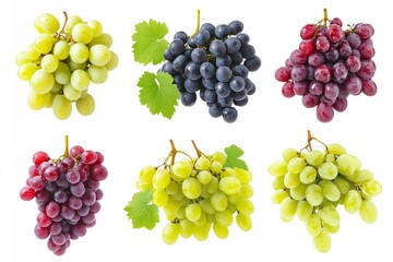 Set of grapes of different varieties and colors, isolated on a white background with generative ai