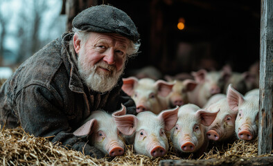 Farmer interacting with piglets in a rustic barn during winter. A farmer kneels among piglets in a barn, enjoying their company on a cold day.
