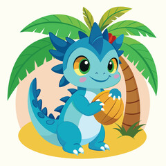 Naklejka premium a cute baby dragon sitting on a beach with palm trees in the background