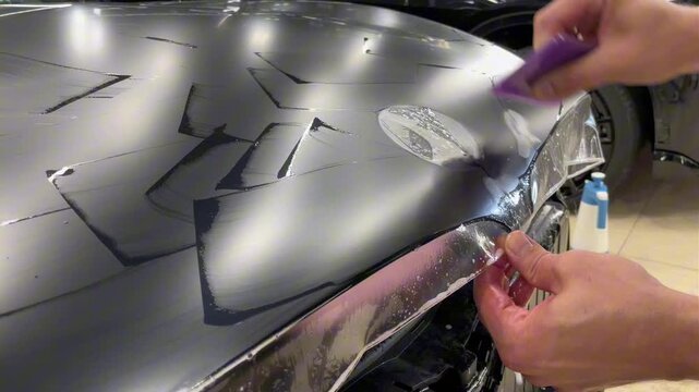 A car wrapping specialist applies a polyurethane film to the car. Selective focus. PPF protective film against chips and scratches. Car wrapping. 
