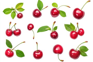 Set of ripe cherries with leaves isolated on white background with generative ai