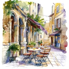 Obraz premium Summer Cafe in European City. Watercolor Drawing of Cosy Terrace with Umbrellas
