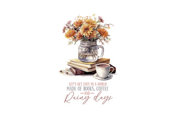 Let's get lost in a world made of books, coffee and Rainy days, Fall Leaves Flowers Sublimation T shirt design