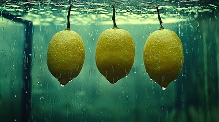   Three lemons dangle on a string in water, with droplets cascading from their tips