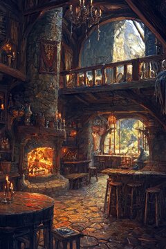Digital Concept Art Interior of a Medieval Fantasy Tavern