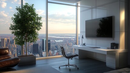 Luxurious Penthouse Office Poster: Stunning Views, Minimalist Design & Indoor Greenery for a Dynamic Sports Interior or Modern Workspace Inspiration