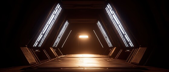 Fototapeta premium A futuristic corridor illuminated by glowing lights, creating a mysterious atmosphere and inviting exploration.