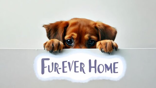 Adorable puppy peeking over a white surface with the words "Fur-Ever Home" written below. The image evokes feelings of love, adoption, and finding a permanent, loving home for pets.