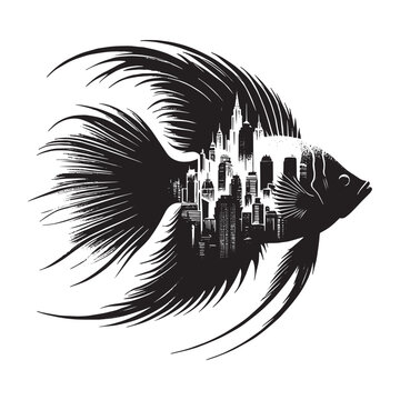 recommend clip art: silhouette of Regal Angelfish filled with cityline in rough drawing