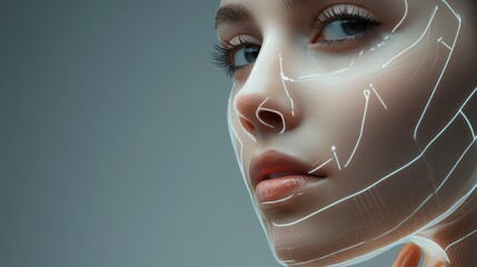 A close-up of a young Caucasian woman's face with digital facial mapping lines enhancing her features, evoking a modern, high-tech mood.
