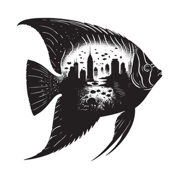 recommend clip art: silhouette of Regal Angelfish filled with cityline in rough drawing