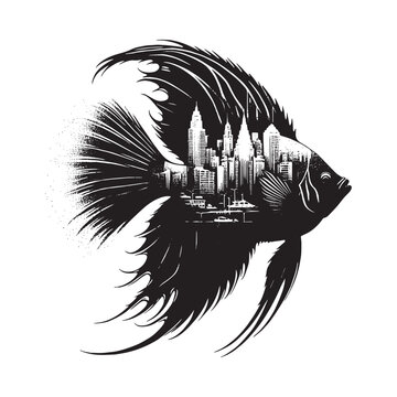 recommend clip art: silhouette of Regal Angelfish filled with cityline in rough drawing
