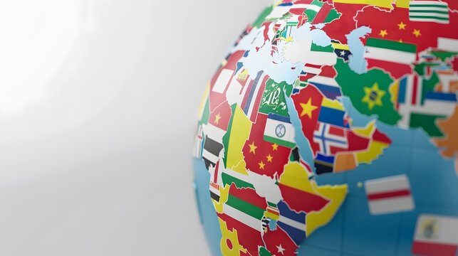 a gigantic globe featuring flags of different nations and speech bubbles with country and language symbols.