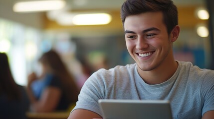 Smiling young Caucasian man using a tablet in a bright, casual café setting.