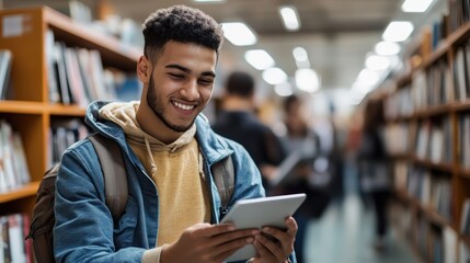 A young Black male student smiles while using a tablet in a library, surrounded by shelves of books.