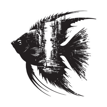 recommend clip art: silhouette of Regal Angelfish filled with destroyed futuristic dystopia environment in rough drawing
