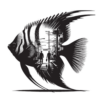 recommend clip art: silhouette of Regal Angelfish filled with ghetto street in rough drawing