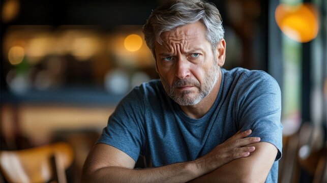 Pensive middle-aged man with gray hair, wearing a gray t-shirt, seated in a cozy café with a contemplative expression. - Powered by Adobe