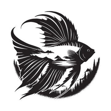 recommend clip art: silhouette of Regal Angelfish filled with mountain and nature view in rough drawing