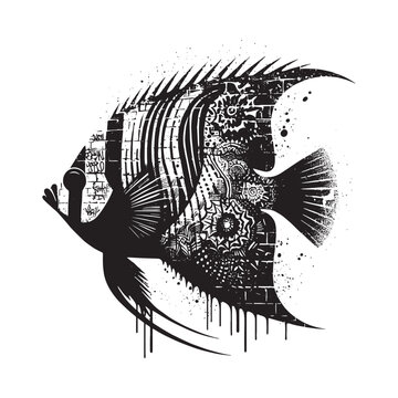 recommend clip art: silhouette of Regal Angelfish filled with graffiti street wall in rough drawing