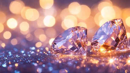 Fototapeta premium Sparkling diamonds resting on a glittering surface, with a beautiful bokeh effect in the background enhancing their brilliance and clarity with generative ai