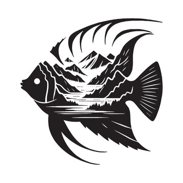 recommend clip art: silhouette of Regal Angelfish filled with mountain and nature view in rough drawing
